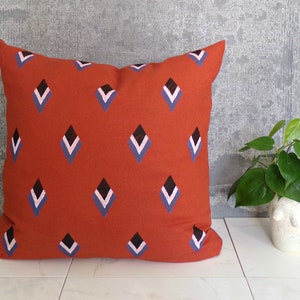 Terra Cotta Linen Pillow Cover with Black White and Blue Geometric Shapes / Burnt Orange Pillow Barcelona Decorative Throw Cushion Bedding image 1