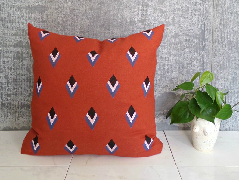 Terra Cotta Linen Pillow Cover with Black White and Blue Geometric Shapes / Burnt Orange Pillow Barcelona Decorative Throw Cushion Bedding image 1