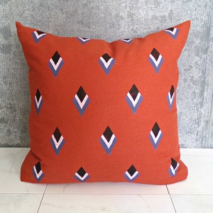 Terra Cotta Linen Pillow Cover with Black White and Blue Geometric Shapes / Burnt Orange Pillow Barcelona Decorative Throw Cushion Bedding image 2