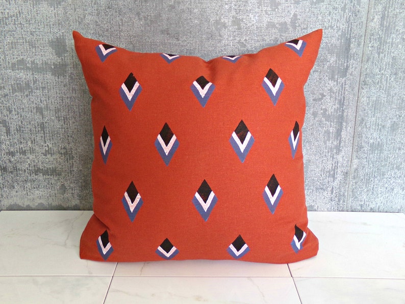 Terra Cotta Linen Pillow Cover with Black White and Blue Geometric Shapes / Burnt Orange Pillow Barcelona Decorative Throw Cushion Bedding image 2
