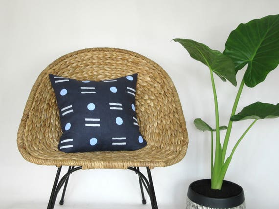 Navy Blue Linen Pillow Cover with Block Printed Geometric Design / Minimalist Print Indigo White Light Blue Traditional Decorative Throw