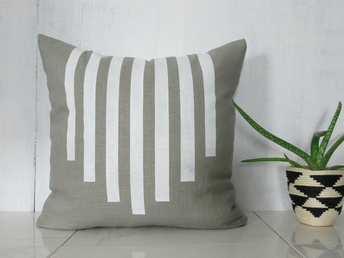 Gray Linen Pillow Cover With White Line Design / Southwestern Etsy