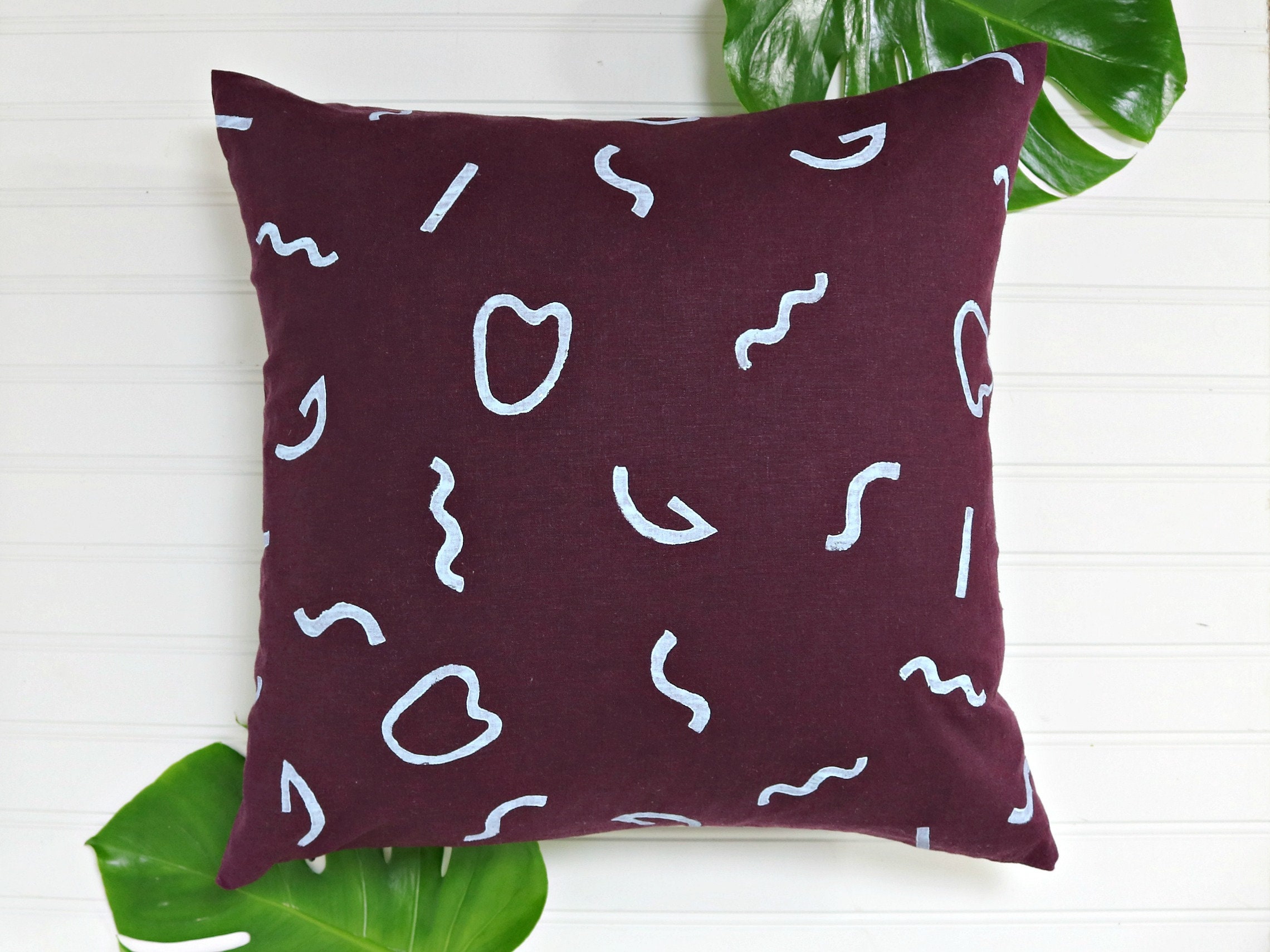 Marron Housse de Coussin Lin avec Impression Filet Bleu Clair/Bloc Imprimé Wiggles Chianti Bordeaux 