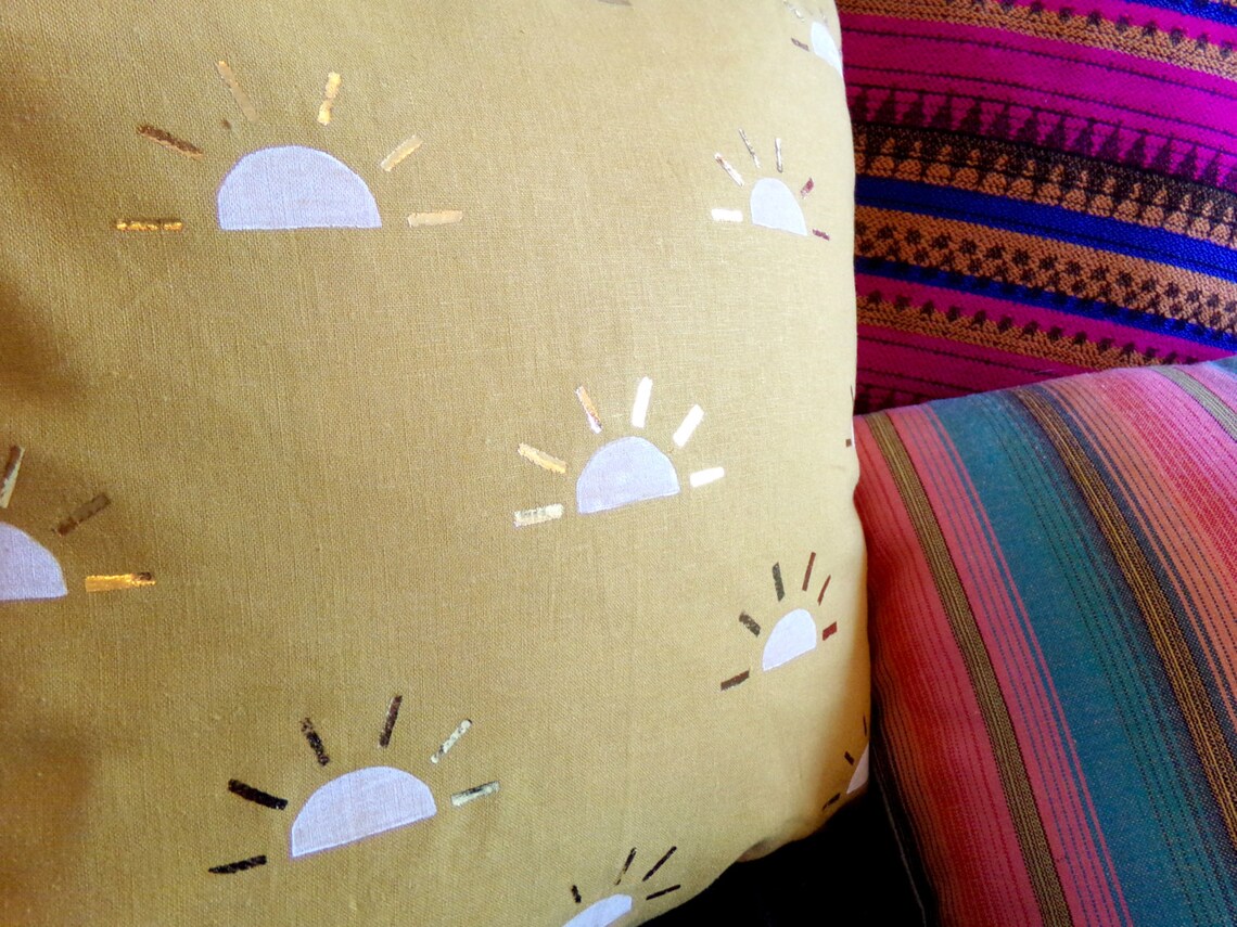 Mustard Yellow Linen Pillow Cover // Setting Sun Block Print Etsy