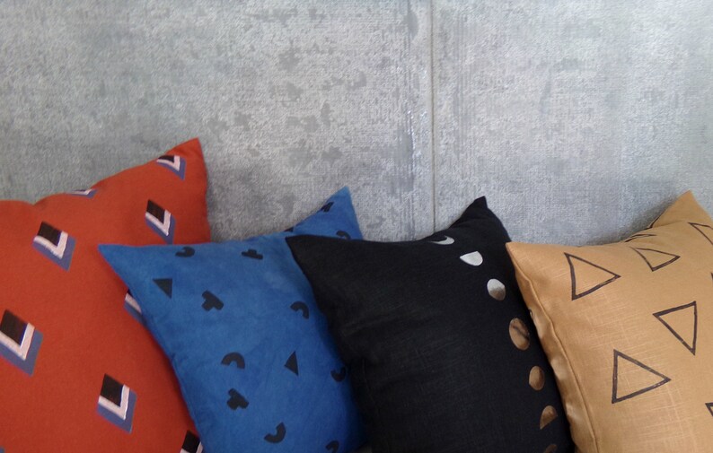 Terra Cotta Linen Pillow Cover with Black White and Blue Geometric Shapes / Burnt Orange Pillow Barcelona Decorative Throw Cushion Bedding image 4