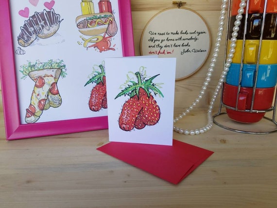 Strawberry Dick Note Card/ Strawberry Dick Greeting Card/ Fruit Penis Card/  Sexy Strawberry Card/ Funny Penis Card/ Food Porn Stationary