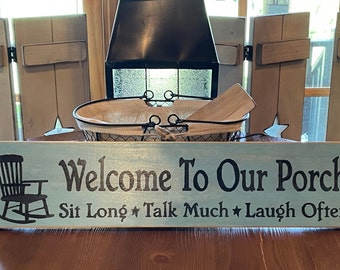 Welcome to Our Porch with Rocker Sign - Primitive Rustic  24 x 6