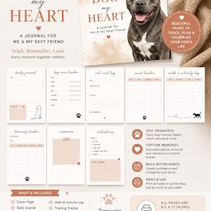 Peut inclure: Journal imprimable pour chien avec le texte "my DOG my HEART" et une photo de chien. Comprend des pages pour les entrées quotidiennes, les visites chez le vétérinaire et les étapes importantes. Parfait pour les amoureux des chiens.