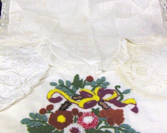 MIXED LOT of 7 - VINTAGE Table Linens, Needlework, Embroidered Table Toppers, Doilies, Apron, w/Damage (craft use, quilting, sewing, decor)