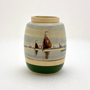 Pottery Jar From Gouda, Holland with Windmill & Boats Design, Features 'The House’ Gate Mark, Early 1900s