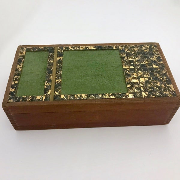 VINTAGE Handmade Box with Tiny Black & Gold Tiles on Lid for Storing Jewelry, Sunglasses, Photos or Love Letters