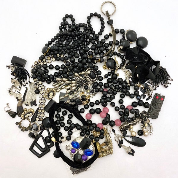 Broken Jewelry Destash in Black Tones: Necklaces, Loose Beads, Single Earrings, and More - Lot J