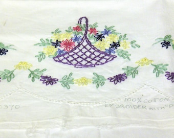 VINTAGE Embroidered Pillow Case, White Cotton, Standard Size w/ Rose, Navy, Plum & Yellow Flowers, Green Leaves and Plum Basket Designs