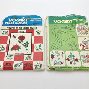 Vogart Master Pack #2003 Crewel Embroidery & #2002 Quilt Blocks - Flowers of the United States, Hot Iron Transfers for Embroidery