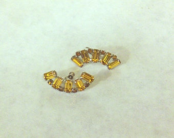 VINTAGE 1950's Rhinestone Earrings, Clip-ons, Screw Back Style, Gold, Amber, Topaz Colored Stones, Crescent Shaped