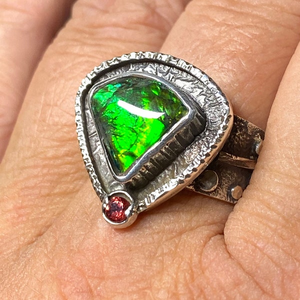 size 10 Canadian Ammolite with Garnet ring - Artisan Handmade Ring - Alena Zena Jewelry - OOAK