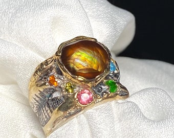 Mexican Fire Agate Ring: Sterling Silver, 24k Gold Accents, Size 6