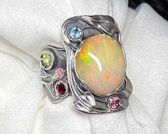 Sterling Silver Ethiopian Opal Ring – Peridot, Garnet, Tourmaline, Topaz Accent Stones
