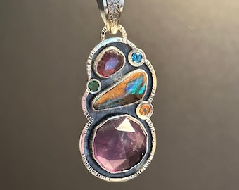 Amethyst with Australian Opal and Tourmaline Gemstone Pendant - Artisan Handmade Pendant - Alena Zena Jewelry - OOAK