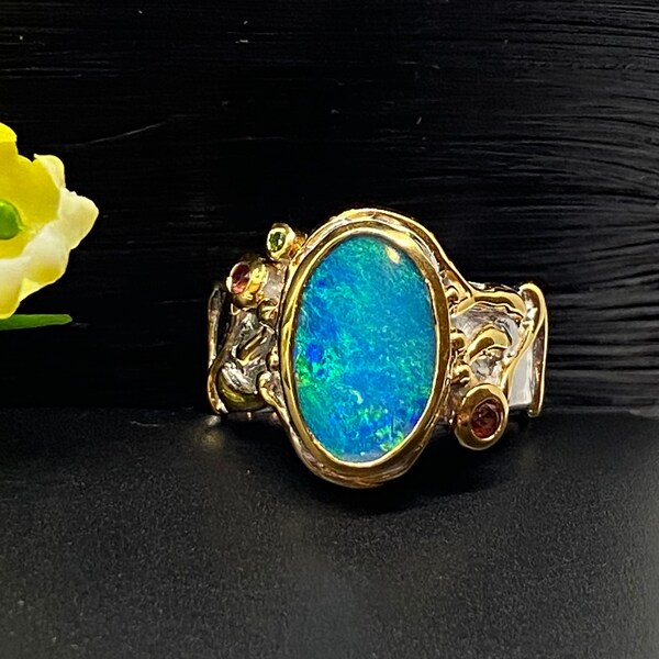 Australian Opal with Sapphires Ring - Artisan Gemstone Ring - OOAK