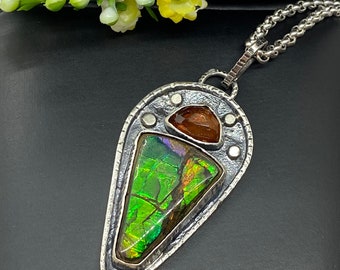 Very Unique Canadian Ammolite with Rose cut Garnet Gemstone Pendant - Artisan Handmade Pendant - Unisex Pendant - Alena Zena Jewelry - OOAK