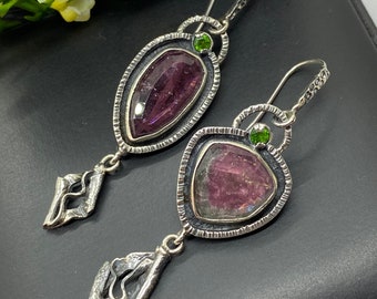 Mismatched Pink Tourmaline with Chrome Diopside Earrings - Artisan Handmade Earrings - Alena Zena Jewelry - OOAK