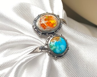 Mexican Fire Opal with Sonoran Turquoise Ring - Artisan Handmade Ring - Alena Zena Jewelry - OOAK