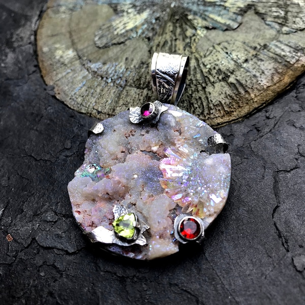 Rainbow Druzy Gemstone Pendant - Titanium Druzy - Handcrafted Artisan Pendant - Gemstone Necklace - Unique Metalwork - OOAK