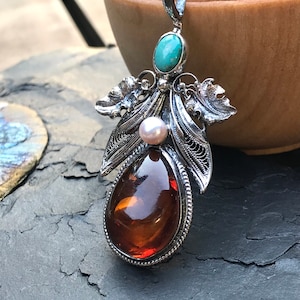 Cognac Amber Pendant Artisan Gemstone Pendant filigree Pendant Gift for ...