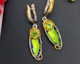 Beautiful Enamel with Peridot Earrings in sterling silver with 24k god accents - Artisan Boho Jewelry - OOAK