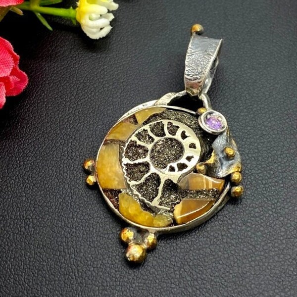 RÉSERVED for J.Ammonite Fossil pendant with 24k Gold accents - Artisan Handmade pendant - Unique Statement pendant - Evil Eye Jewelry - OOAK