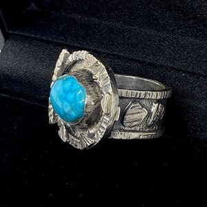 Artisan Sterling Silver Turquoise Ring - Nevada Stone, Size 8.5