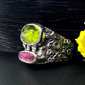 size 8 1/2 Rose Cut Pink&Green Tourmaline ring - Artisan Handcrafted ring - Unique Statement ring - Gift for woman - OOAK