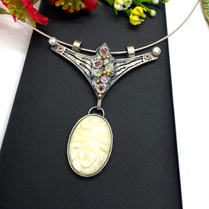 Cameo gemstone pendant, Artisan Cameo necklace, Diamonds gemstone pendant, gift for her, Unique metal work necklace, OOAK