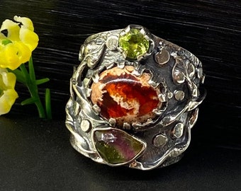 Mexican Fire Opal with Watermelon Tourmaline and Peridot ring - Artisan Handcrafted Ring - Unique Statement ring - OOAK