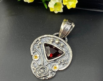 Rose cut Garnet with Citrine Floral Pendant - Artisan Handmade Pendant - Alena Zena Jewelry - OOAK