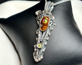Mexican Fire Agate with Peridot Gemstone Pendant - Artisan Handmade Pendant - OOAk Jewelry