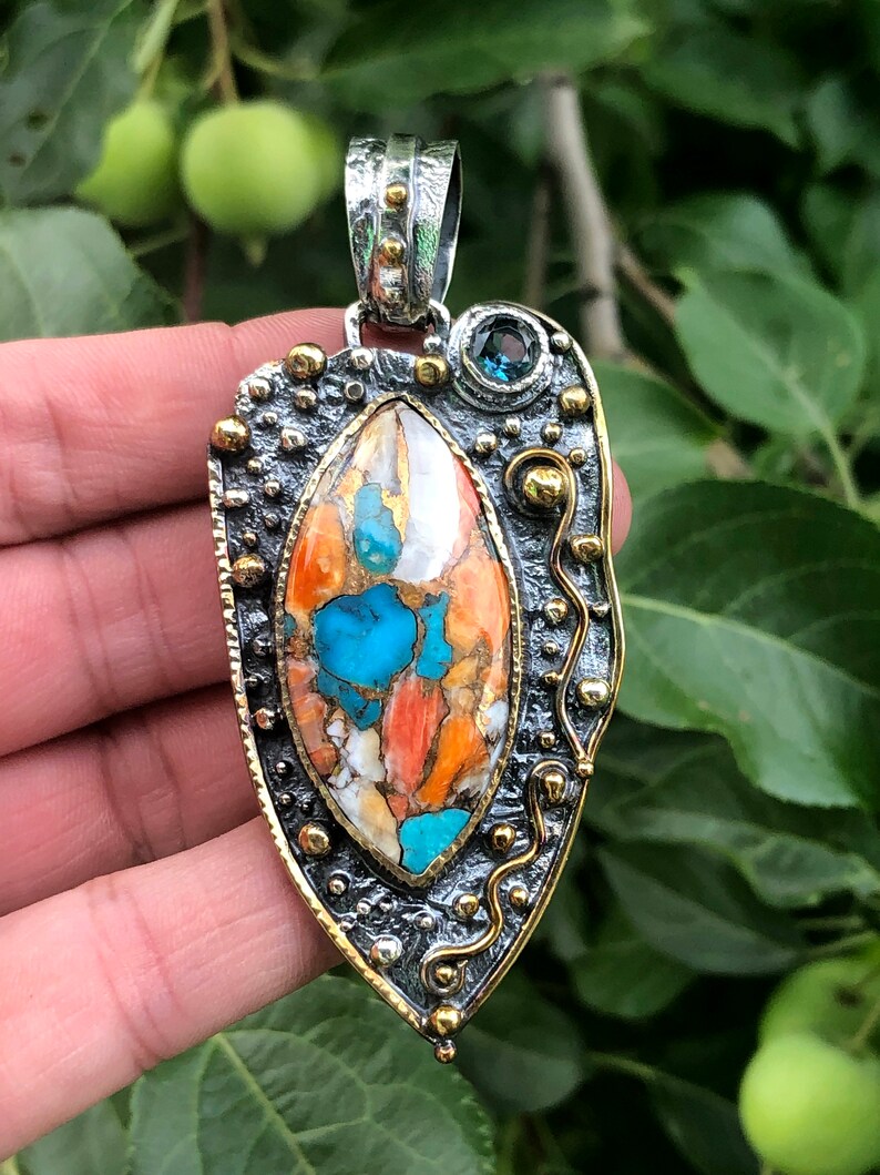 Spiny Oyster With Kingman Turquoise Pendant Artisan Handmade Etsy