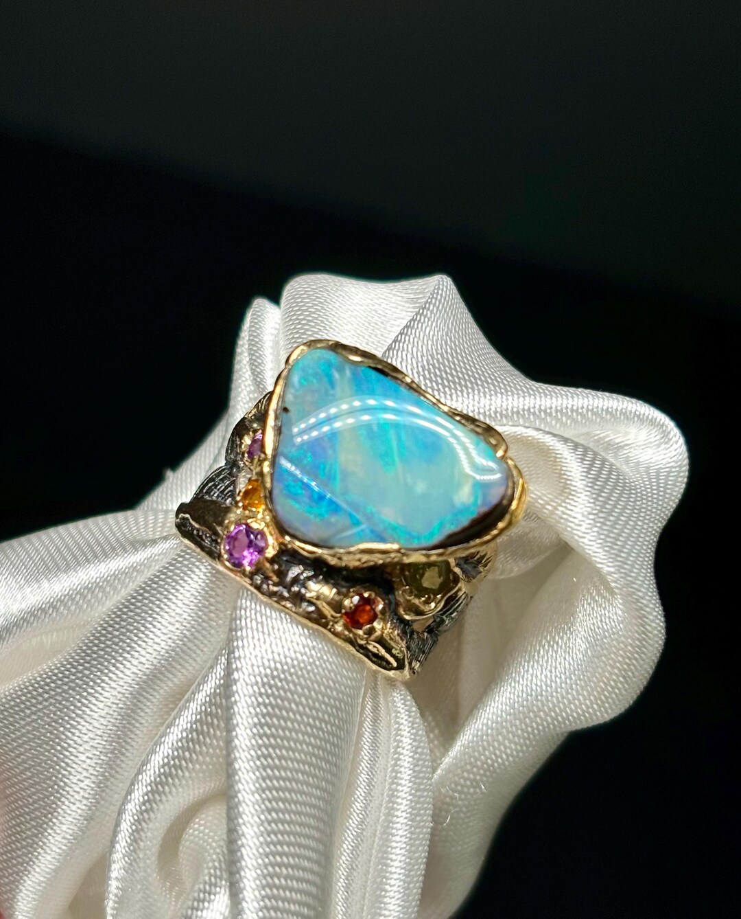 Australian Opal Ring - Handmade Sterling Silver With Gold Accents, Size ...