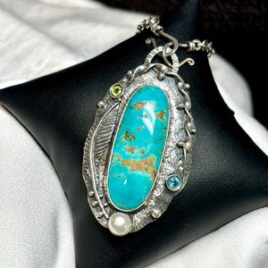 Turquoise Pendant Necklace - Handcrafted Unique Metalwork - Oxidized Silver - Artisan Gemstone Necklace - OOAK