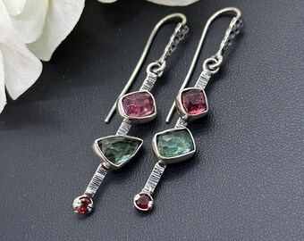 Mismatched Pink&Green Tourmaline Gemstone Earrings - Artisan Handmade Earrings - Alena Zena Jewelry - OOAK