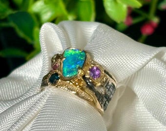 Australian Opal Ring – Size 4, 24k Gold Accents, Gemstone Silver Ring
