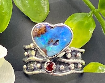 size 9 Australian Opal Gemstone Ring - Heart Shape Opal Ring - Artisan Handmade Ring - Alena Zena Jewelry - OOAK