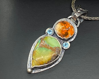 Turquoise with Mexican Opal Gemstone Pendant - Artisan Handmade Pendant - Alena Zena Jewelry - OOAK