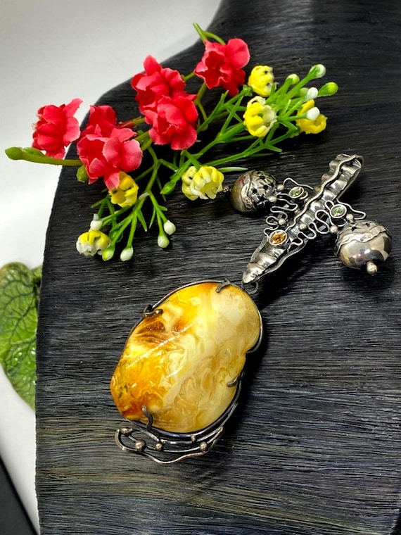 Vintage Amber Pendant - Artisan Unique Metalwork Pendant - Anniversary Gift-OOAK