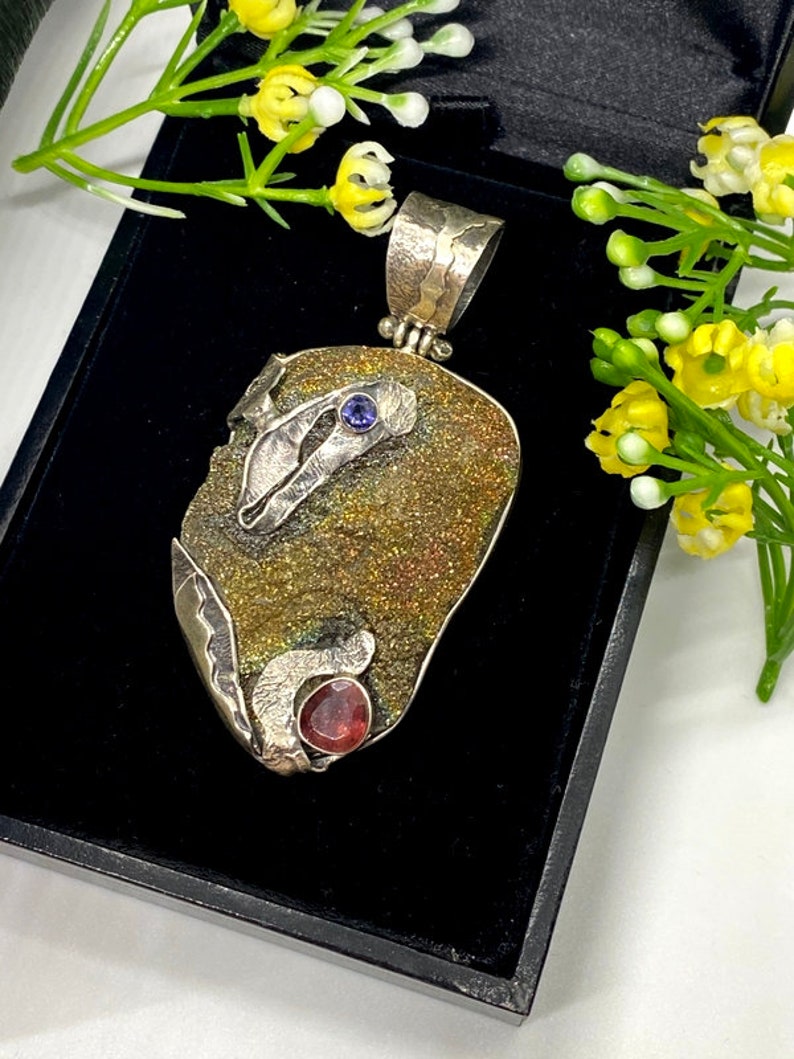 Big Rainbow druzy pendant unisex pendant Pink Tourmaline Artisan gemstone pendant OOAK