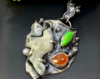 Fossil Coral with Gaspeite and Carnelian Pendant - Artisan Handmade Pendant - Boho Style Pendant - OOAK