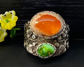 Mexican Fire Opal with Turquoise - Artisan Handcrafted Ring - Unique Statement ring - Gift for Woman - OOAK