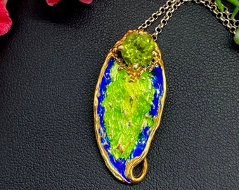 Beautiful Enamel with Peridot Pendant in sterling silver with 24l gold accents - Artisan Handmade Pendant - OOAK