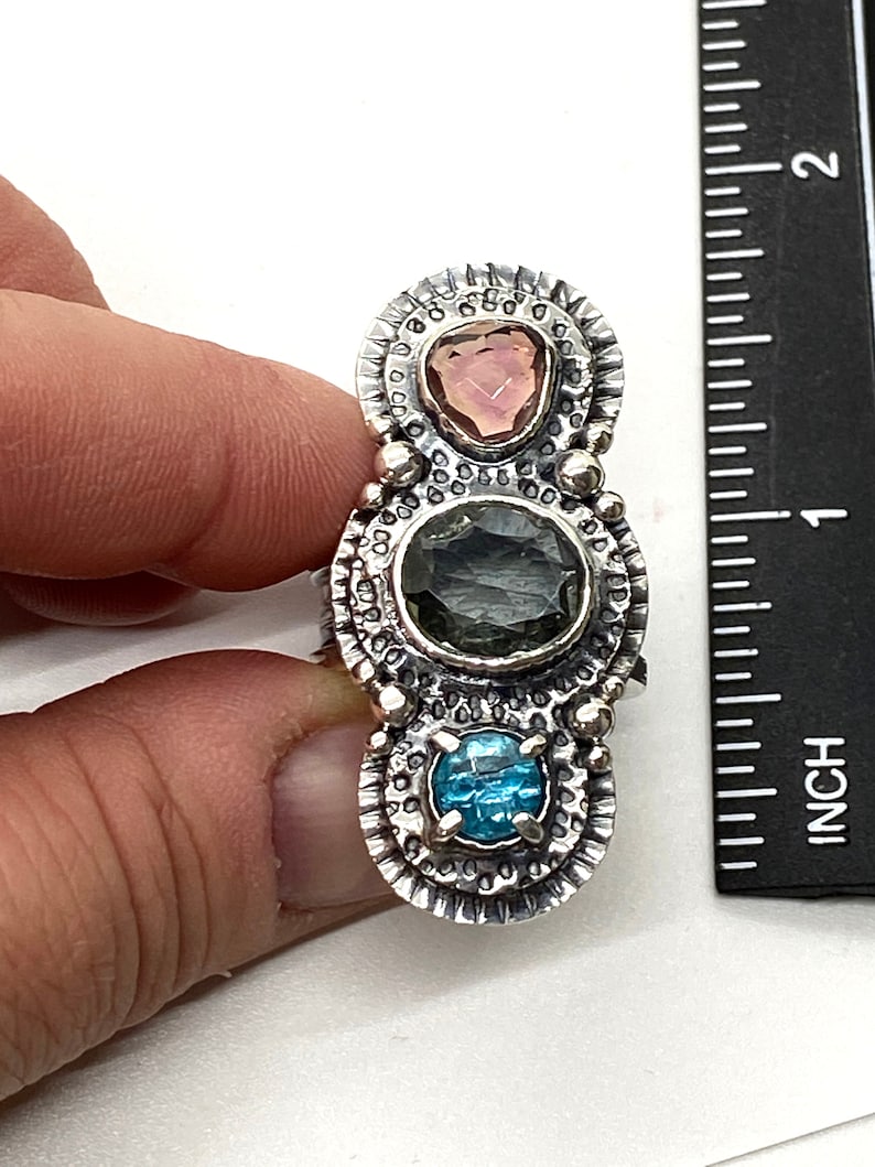Statement ring Gift for Woman Artisan Handmade ring Green and Pink Tourmaline with Blue Topaz Ring